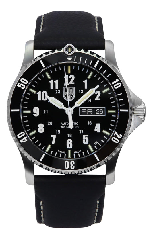 Luminox Sport Timer Leather Strap Blue Dial Automatic. A brand-new Luminox Sport Timer watch featuring a Blue dial and a Leather strap. Side view.