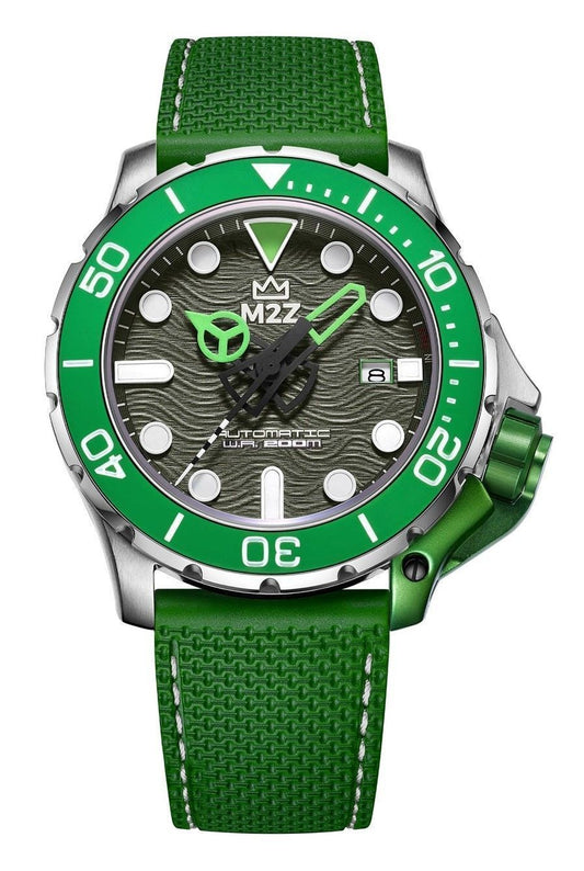 M2Z Diver 200 Sapphire Glass Green Strap Grey Dial. A brand-new M2Z Diver 200 watch featuring a Grey dial and a Stainless steel strap. Angled view.