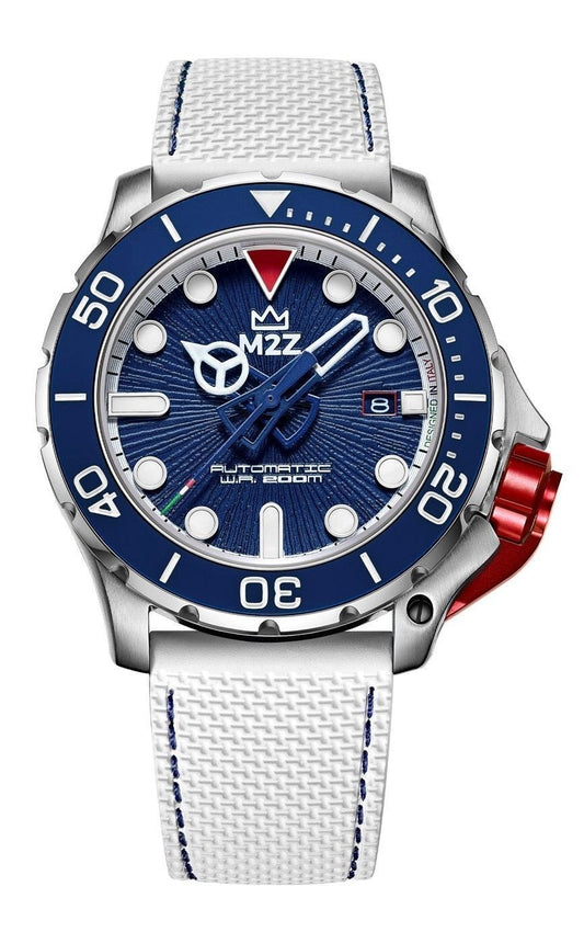 M2Z Diver 200 Sapphire Glass White Strap Blue Dial. A brand-new M2Z Diver 200 watch featuring a Blue dial and a Stainless steel strap. Side view.