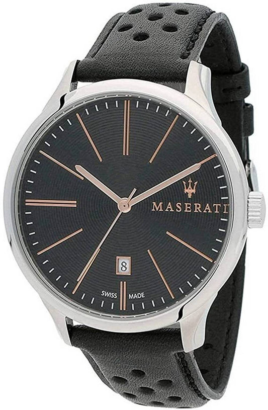 Maserati Attrazione Black Dial Quartz R8851126003 100M. A brand-new Maserati Attrazione watch featuring a Black dial and a Leather strap. Angled view.