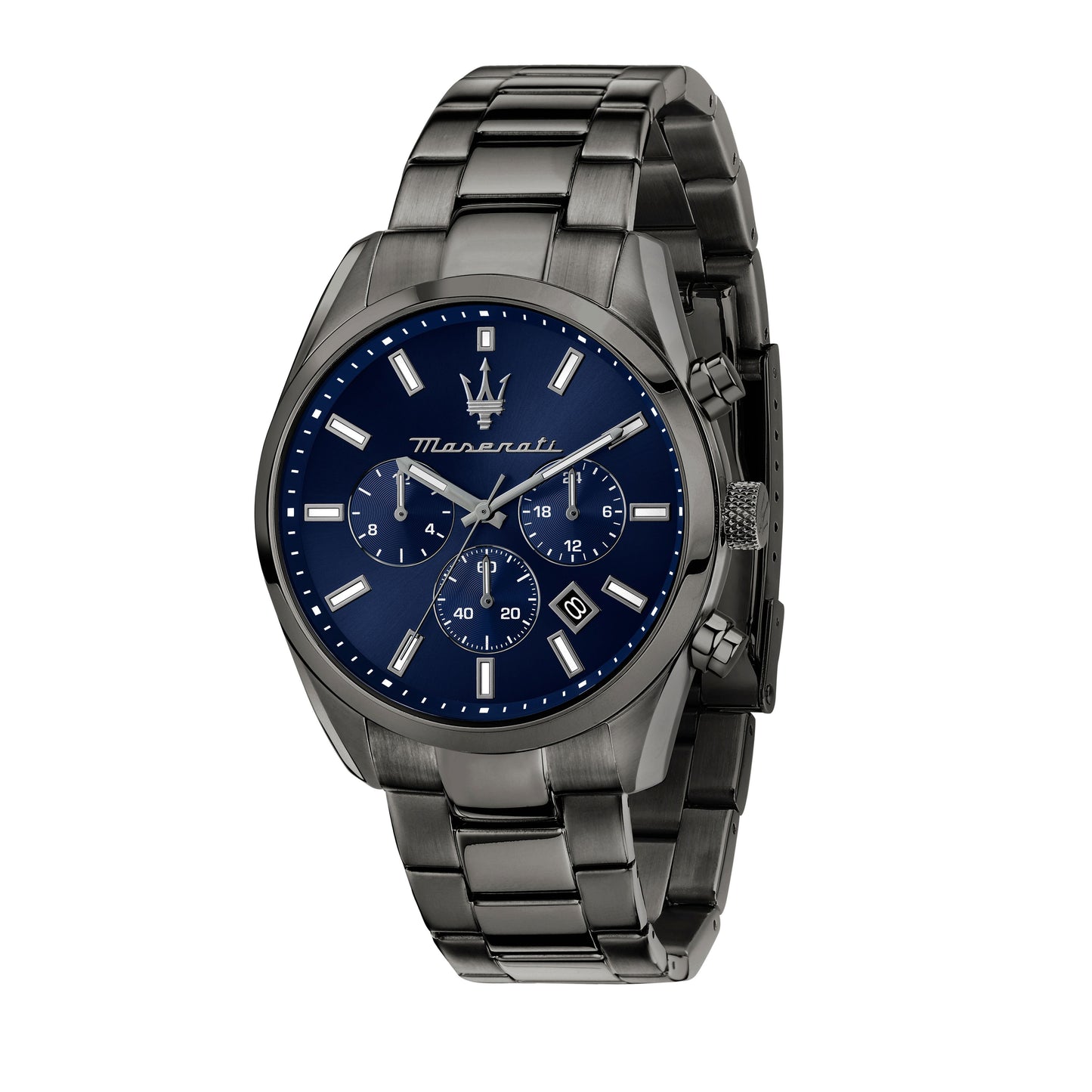 Maserati Attrazione Chronograph Stainless Steel Blue Dial. A brand-new Maserati Attrazione watch featuring a Blue dial and a Stainless steel strap. Front view.