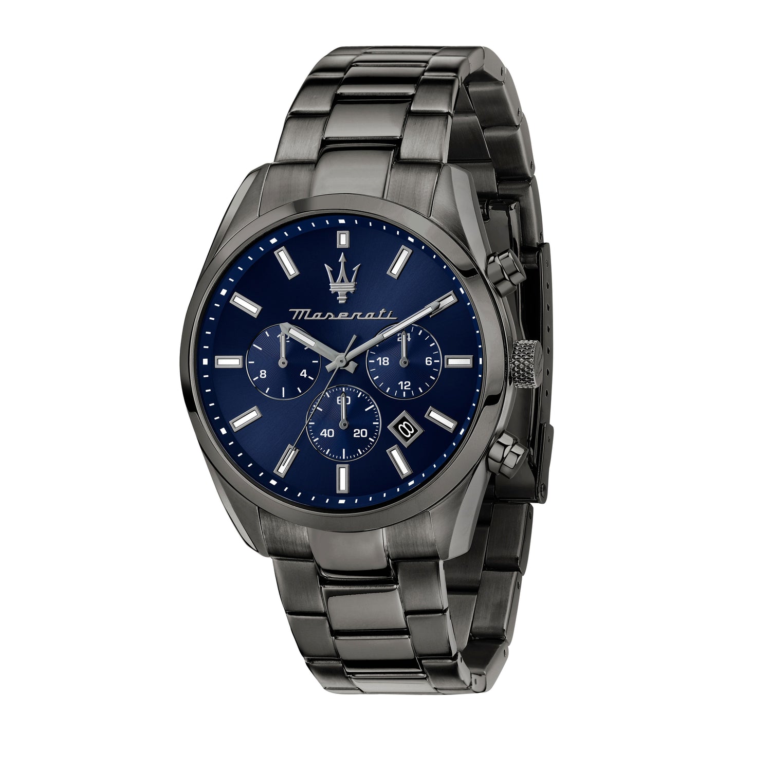 Maserati Attrazione Chronograph Stainless Steel Blue Dial. A brand-new Maserati Attrazione watch featuring a Blue dial and a Stainless steel strap. Front view.