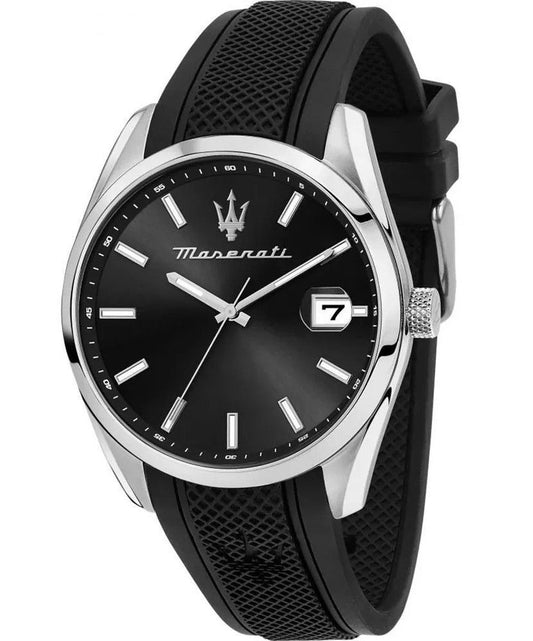 Maserati Attrazione Rubber Strap Black Dial Quartz. A brand-new Maserati Attrazione watch featuring a Black dial and a Rubber strap. Side view.