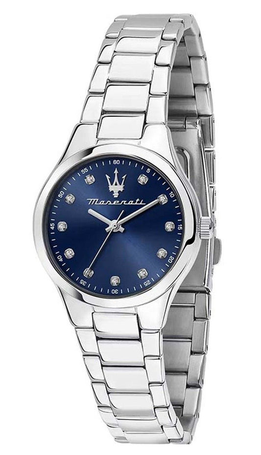 Maserati Attrazione Stainless Steel Blue Sunray Dial Quartz. A brand-new Maserati Attrazione watch featuring a Blue Sunray dial and a Stainless steel strap. Side view.