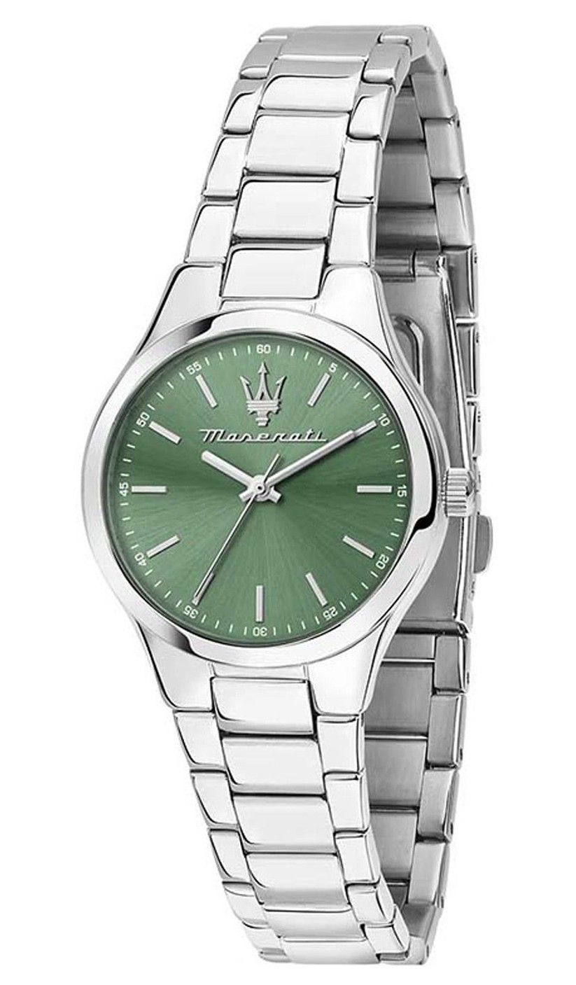Maserati Attrazione Stainless Steel Green Sunray Dial. A brand-new Maserati Attrazione watch featuring a Stainless steel strap. Front view.
