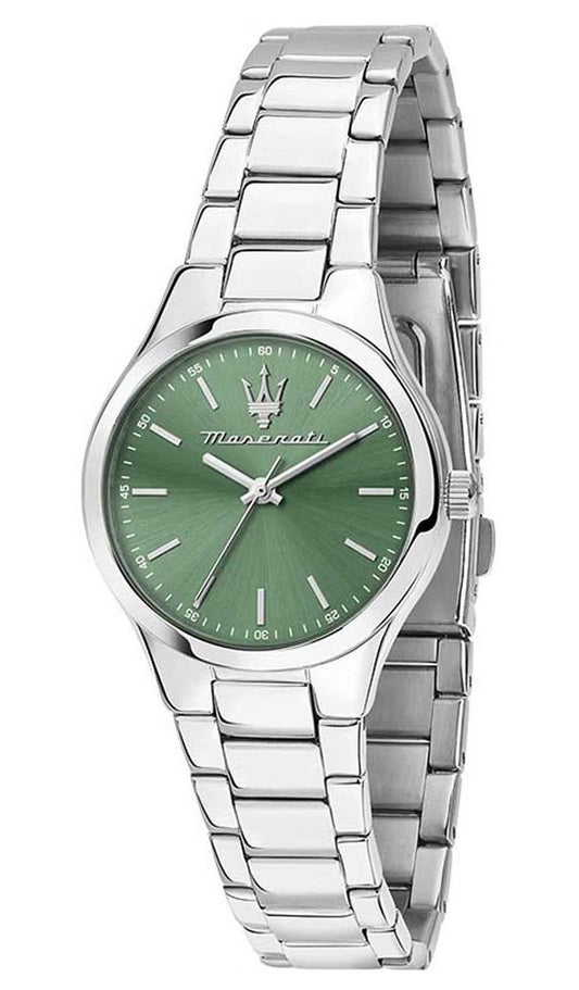 Maserati Attrazione Stainless Steel Green Sunray Dial. A brand-new Maserati Attrazione watch featuring a Stainless steel strap. Front view.