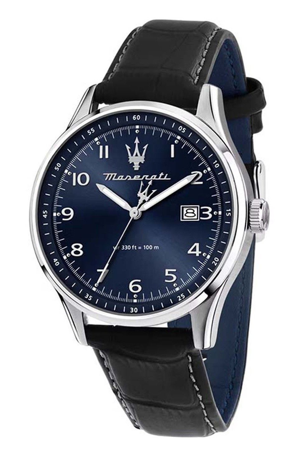 Maserati Classic Sorpasso Leather Strap Blue Sunray Dial. A brand-new Maserati Sorpasso watch featuring a Blue Sunray dial and a Leather strap. Side view.