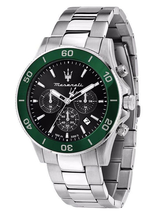 Maserati Competizione Chronograph Stainless Steel Black. A brand-new Maserati Competizione watch featuring a Stainless steel strap. Side view.