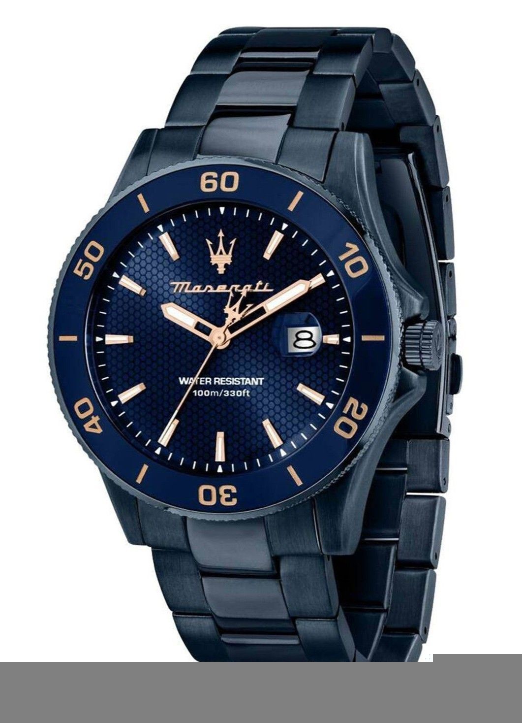 Maserati Competizione Stainless Steel Blue Sunray Dial. A brand-new Maserati Competizione watch featuring a Blue Sunray dial and a Stainless steel strap. Side view.