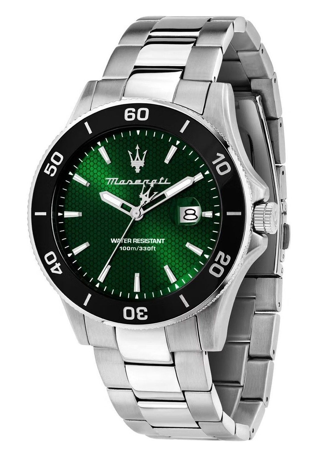 Maserati Competizione Stainless Steel Green Sunray Dial. A brand-new Maserati Competizione watch featuring a Stainless steel strap. Angled view.