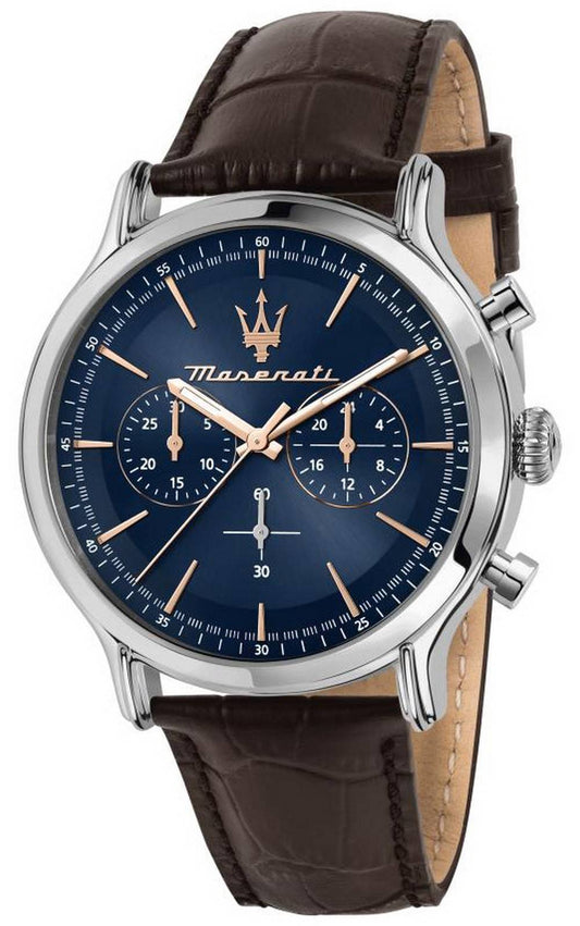 Maserati Epoca Chronograph Blue Dial Leather Strap Quartz. A brand-new Maserati Epoca watch featuring a Blue dial and a Leather strap. Side view.