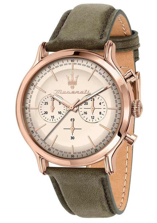 Maserati Epoca Chronograph Leather Strap Beige Dial Quartz. A brand-new Maserati Epoca watch featuring a Beige dial and a Leather strap. Side view.