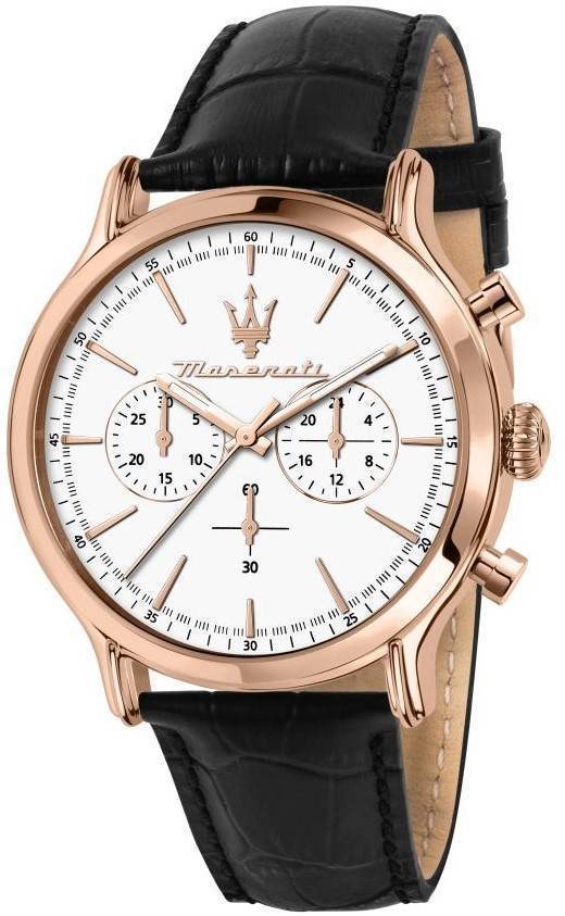 Maserati Epoca Chronograph Leather Strap White Dial Quartz. A brand-new Maserati Epoca watch featuring a White dial and a Leather strap. Angled view.