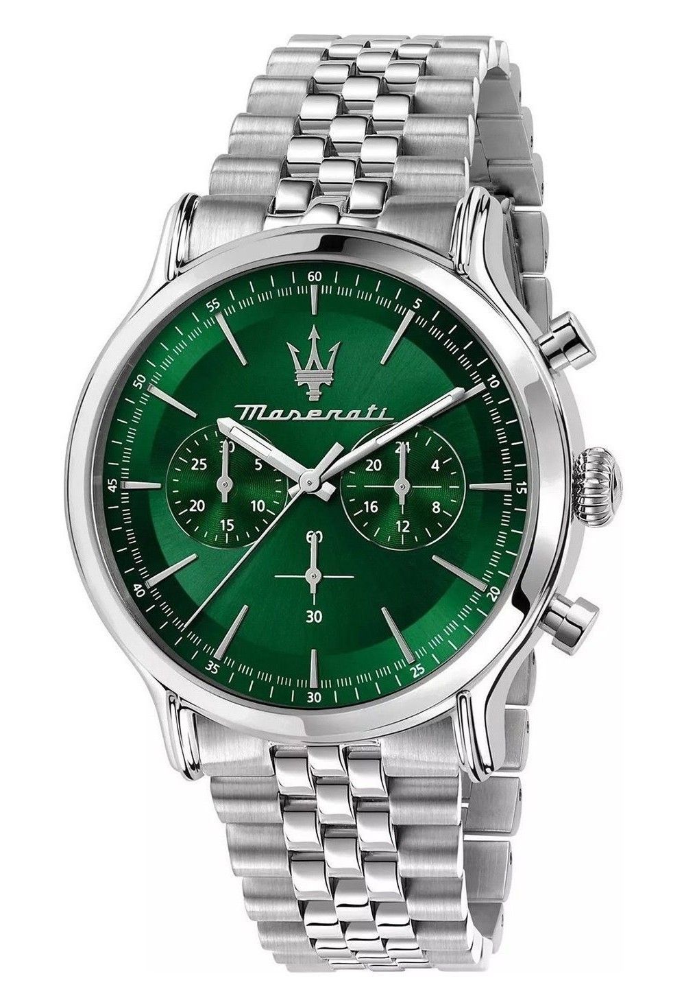 Maserati Epoca Chronograph Stainless Steel Green Sunray. A brand-new Maserati Epoca watch featuring a Stainless steel strap. Side view.