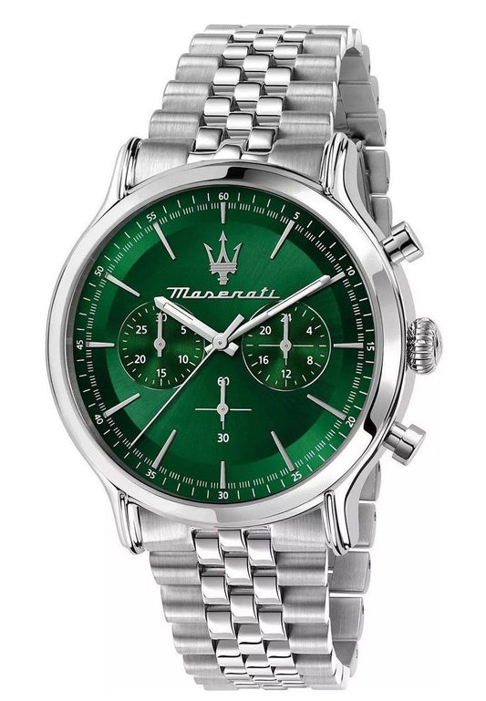 Maserati Epoca Chronograph Stainless Steel Green Sunray. A brand-new Maserati Epoca watch featuring a Stainless steel strap. Side view.
