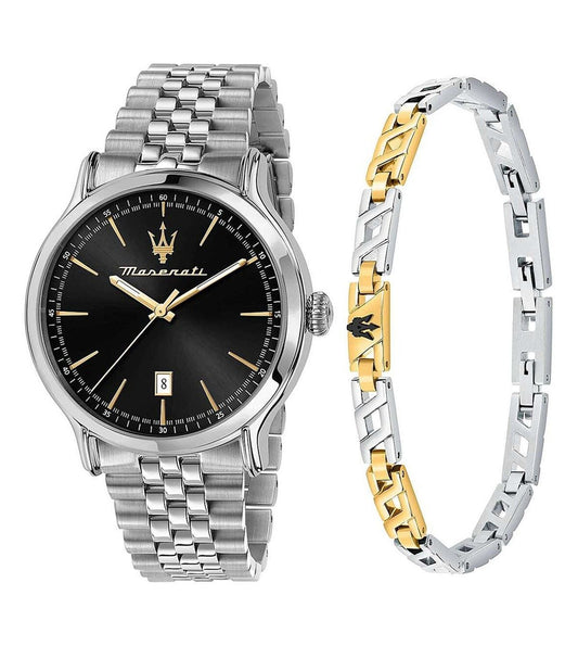 Maserati Epoca Stainless Steel Black Sunray Dial Quartz. A brand-new Maserati Epoca watch featuring a Stainless steel strap. Side view.