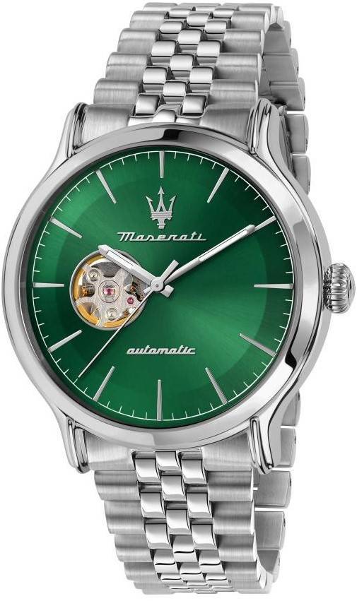 Maserati Epoca Stainless Steel Open Heart Green Dial. A brand-new Maserati Epoca watch featuring a Green dial and a Stainless steel strap. Front view.