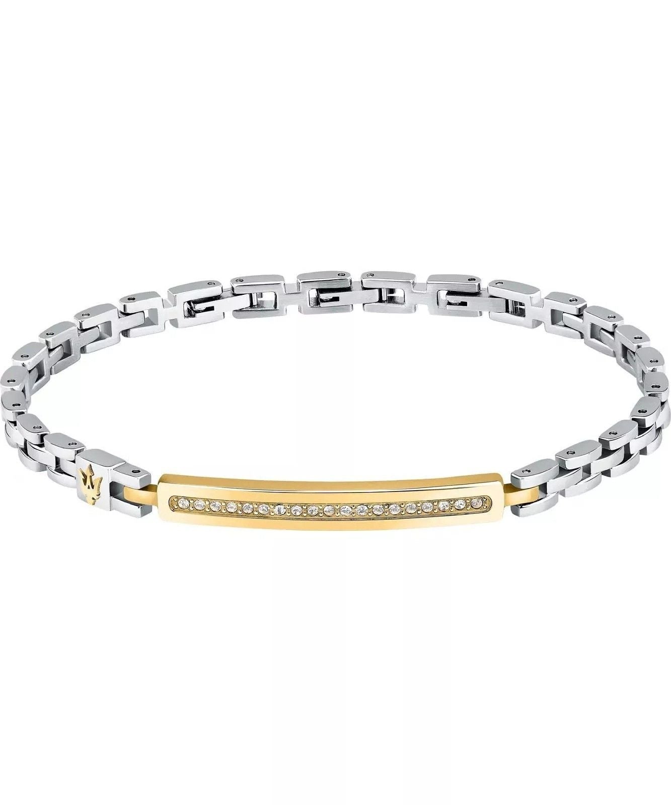 Maserati Iconic Two Tone Steel Bracelet With Crystals. A brand-new Maserati Accessories watch featuring a Stainless steel strap. Angled view.