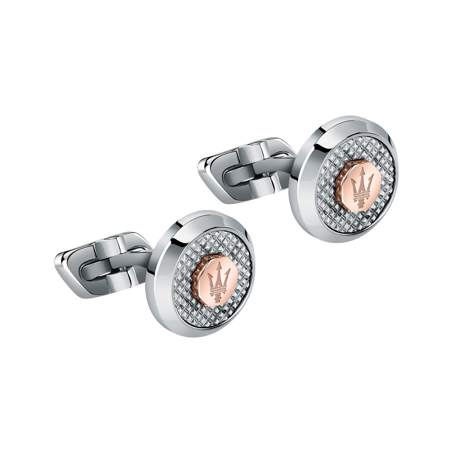 Maserati Jewels Stainless Steel Cufflinks JM223ATK20 For Men. A brand-new Maserati watch. Angled view.