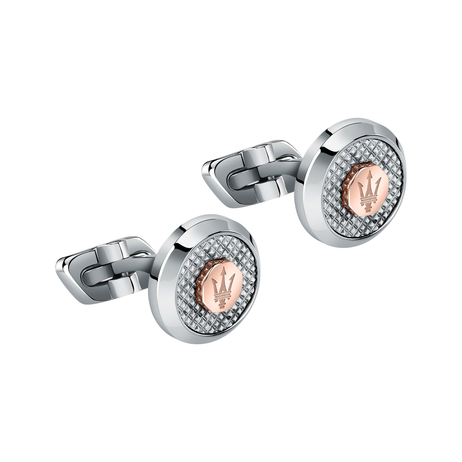 Maserati Jewels Stainless Steel Cufflinks JM223ATK20 For Men. A brand-new Maserati watch. Angled view.