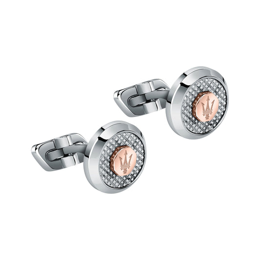 Maserati Jewels Stainless Steel Cufflinks JM223ATK20 For Men. A brand-new Maserati watch. Angled view.
