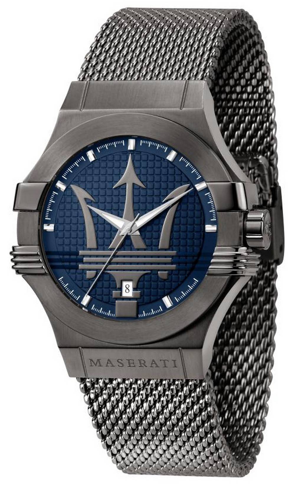 Maserati Potenza Blue Dial Stainless Steel Quartz. A brand-new Maserati Potenza watch featuring a Blue dial and a Stainless steel strap. Angled view.