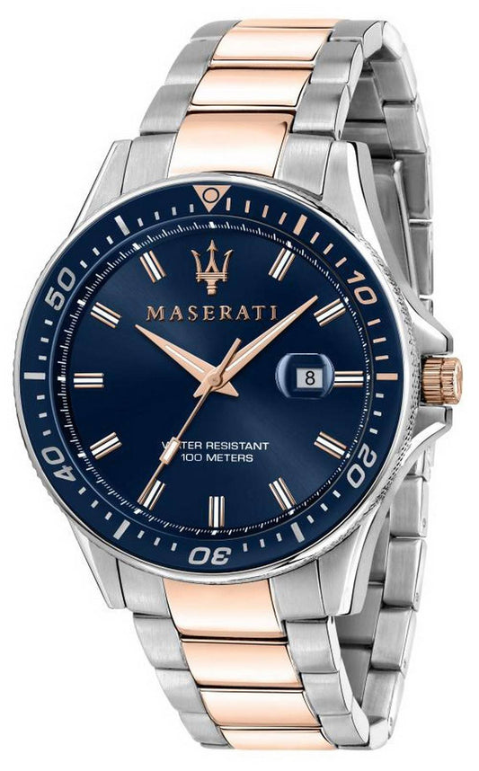 Maserati Sfida Blue Dial Two Tone Stainless Steel Quartz. A brand-new Maserati Sfida watch featuring a Blue dial and a Stainless steel strap. Side view.