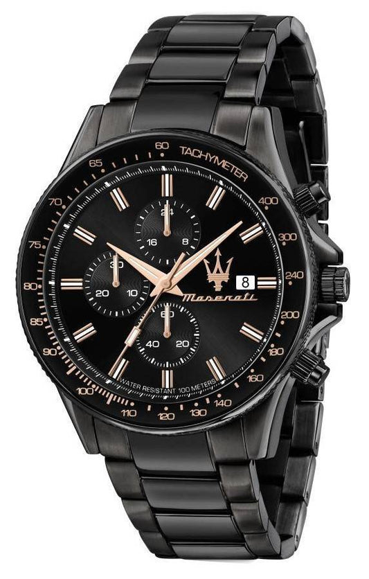 Maserati Sfida Chronograph Black Dial Quartz 100M. A brand-new Maserati Sfida watch featuring a Black dial and a Stainless steel strap. Front view.