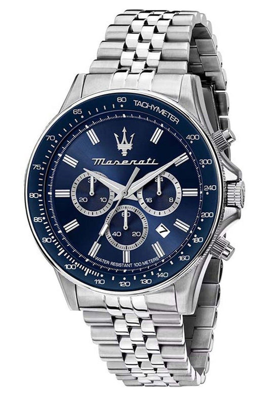 Maserati Sfida Chronograph Stainless Steel Blue Sunray Dial. A brand-new Maserati Sfida watch featuring a Blue Sunray dial and a Stainless steel strap. Angled view.
