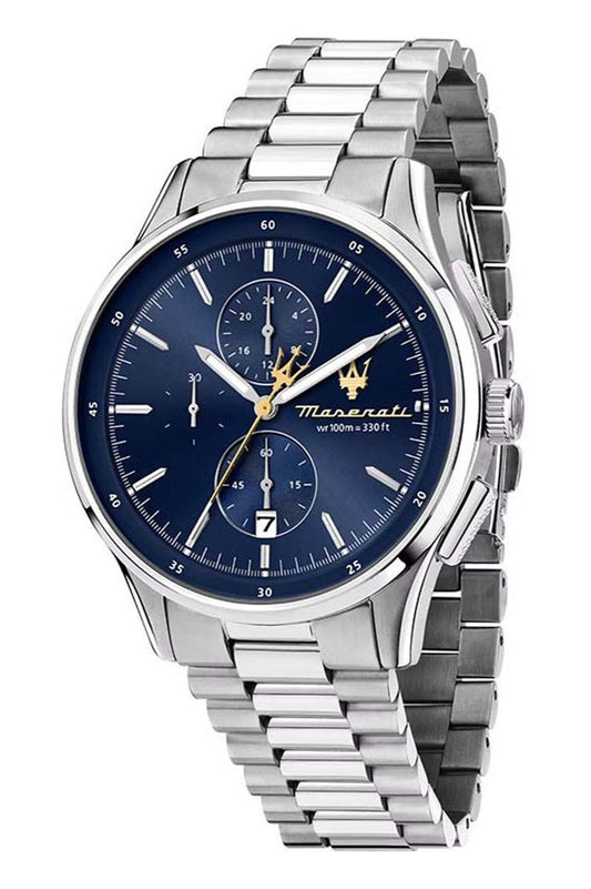 Maserati Sorpasso Chronograph Stainless Steel Blue Sunray. A brand-new Maserati Sorpasso watch featuring a Blue Sunray dial and a Stainless steel strap. Angled view.