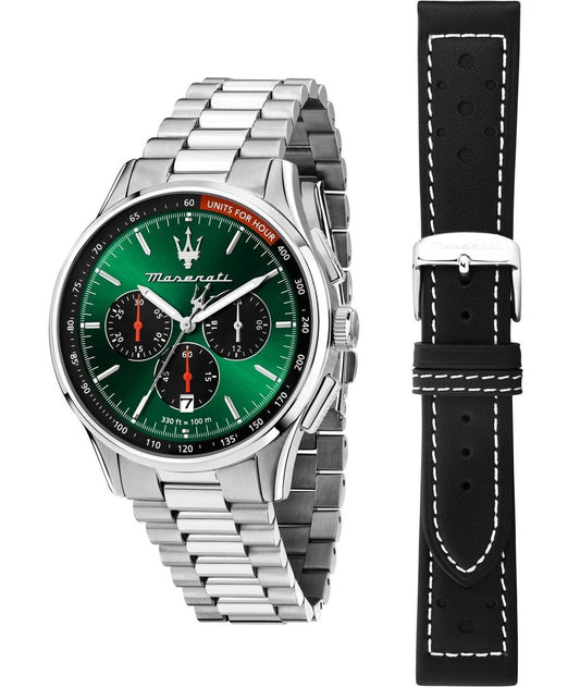 Maserati Sorpasso Chronograph Stainless Steel Green Sunray. A brand-new Maserati Sorpasso watch featuring a Stainless steel strap. Side view.