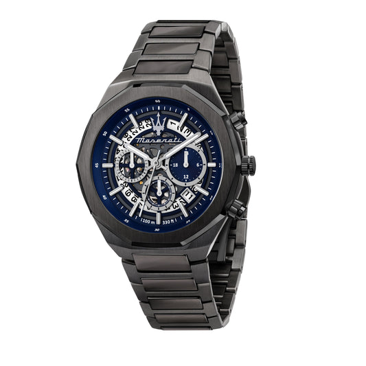 Maserati Stile Chronograph Stainless Steel Blue Skeleton. A brand-new Maserati Stile watch featuring a Stainless steel strap. Angled view.