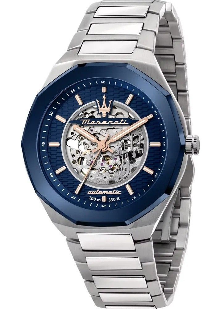 Maserati Stile Stainless Steel Blue Skeleton Dial Automatic. A brand-new Maserati Stile watch featuring a Stainless steel strap. Front view.