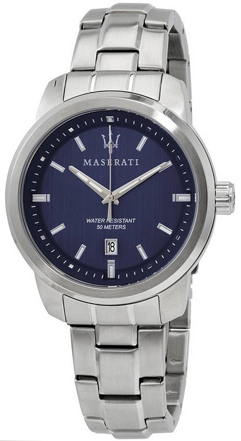 Maserati Successo Blue Dial Quartz R8853121004. A brand-new Maserati Successo watch featuring a Blue dial and a Stainless steel strap. Front view.
