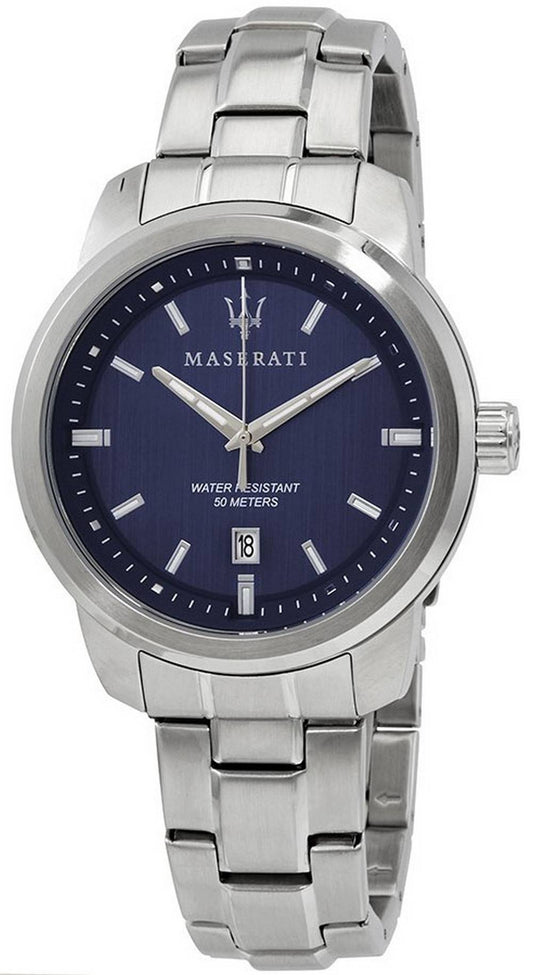 Maserati Successo Blue Dial Quartz R8853121004. A brand-new Maserati Successo watch featuring a Blue dial and a Stainless steel strap. Front view.