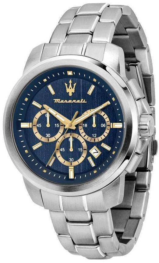 Maserati Successo Chronograph Stainless Steel Blue Dial. A brand-new Maserati Successo watch featuring a Blue dial and a Stainless steel strap. Side view.
