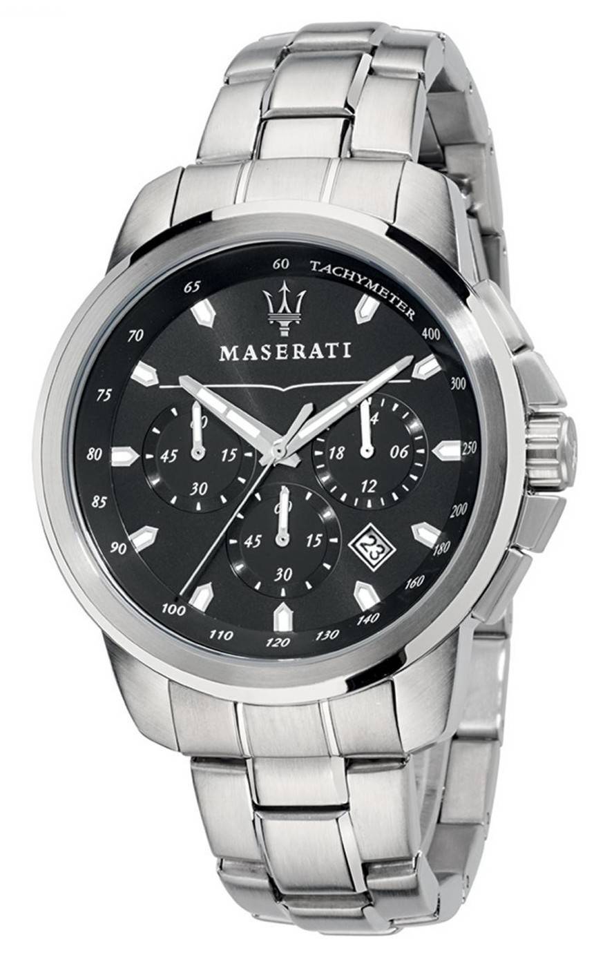 Maserati Successo Chronograph Tachymeter Quartz R8873621001. A brand-new Maserati Successo watch featuring a Stainless steel strap. Side view.