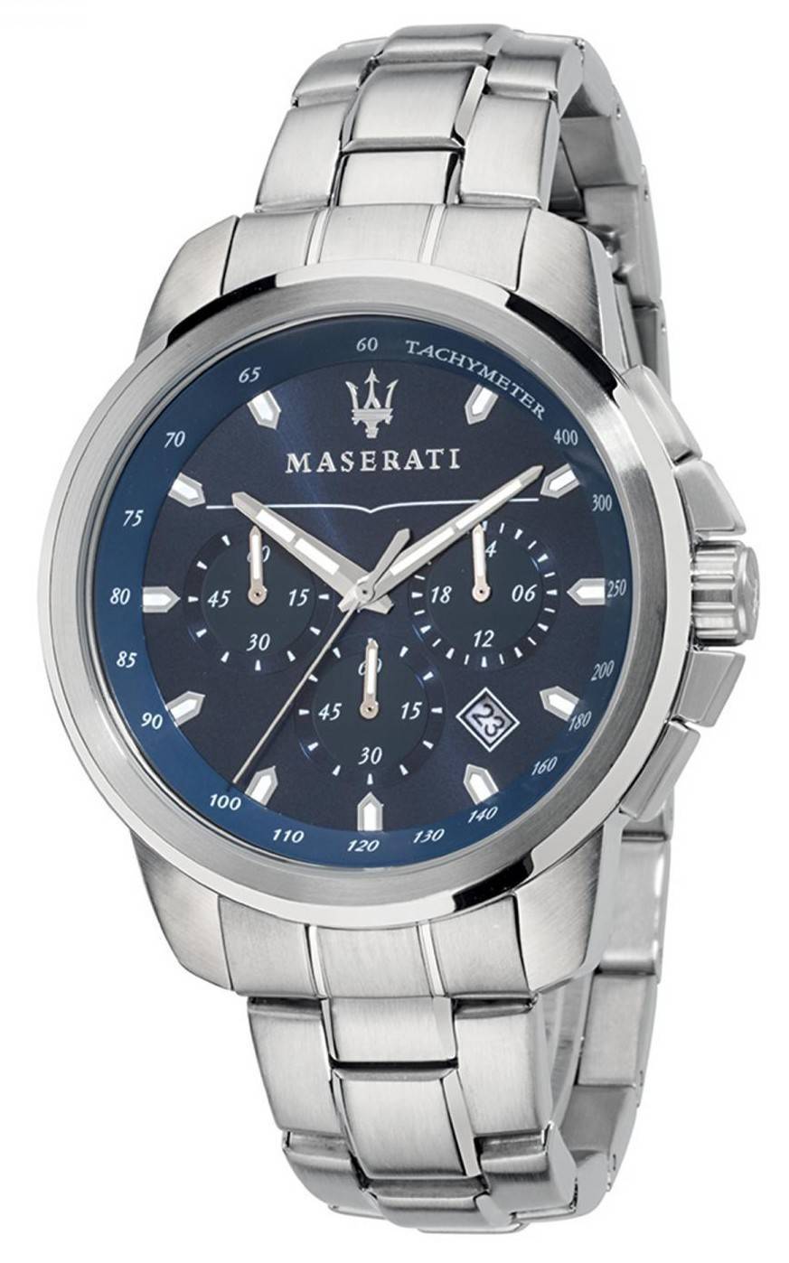 Maserati Successo Chronograph Tachymeter Quartz R8873621002. A brand-new Maserati Successo watch featuring a Stainless steel strap. Side view.