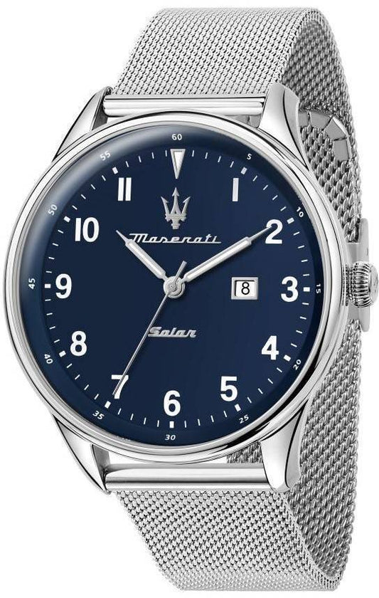 Maserati Tradizione Stainless Steel Mesh Blue Dial Solar. A brand-new Maserati Tradizione watch featuring a Blue dial and a Stainless steel strap. Angled view.