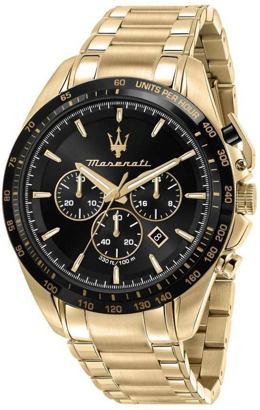 Maserati Traguardo Chronograph Gold Tone Stainless Steel. A brand-new Maserati Traguardo watch featuring a Black dial and a Stainless steel strap. Side view.