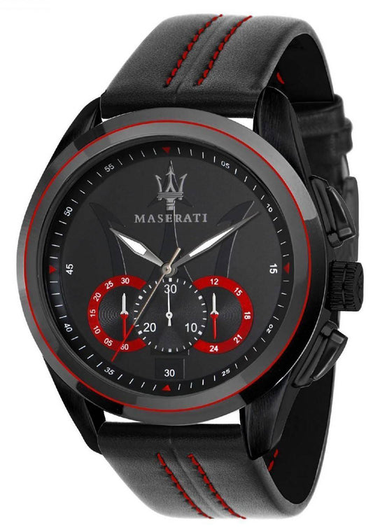 Maserati Traguardo Chronograph Quartz R8871612023. A brand-new Maserati Traguardo watch featuring a Leather strap. Front view.