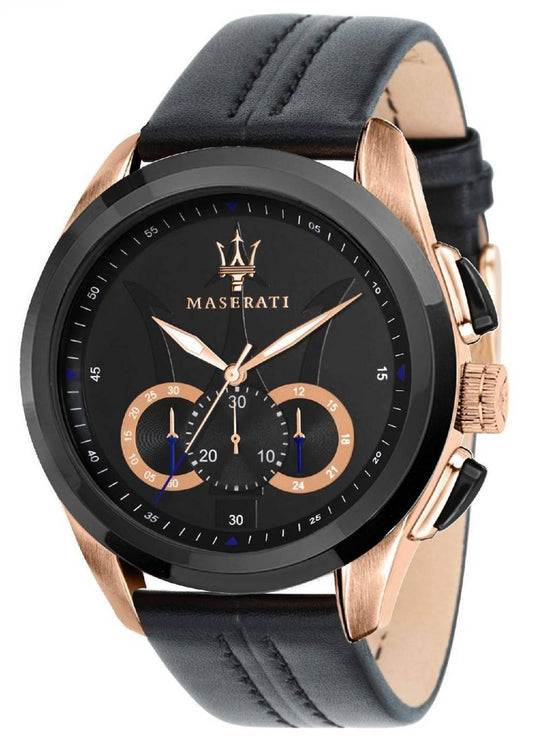 Maserati Traguardo Chronograph Quartz R8871612025. A brand-new Maserati Traguardo watch featuring a Leather strap. Angled view.