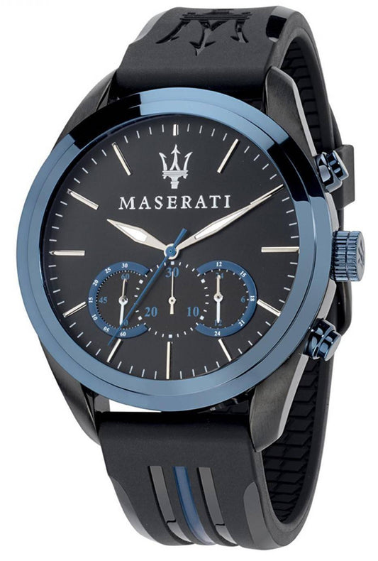 Maserati Traguardo Chronograph Quartz Stainless Steel. A brand-new Maserati Traguardo watch featuring a Rubber strap. Front view.