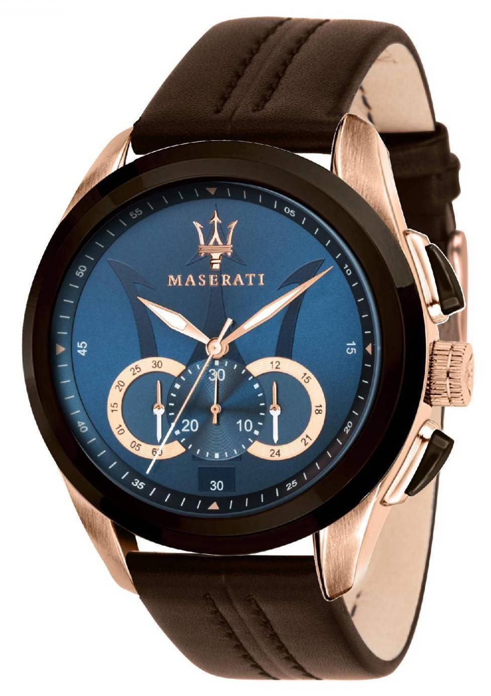 Maserati Traguardo Chronograph Quartz Stainless Steel. A brand-new Maserati Traguardo watch featuring a Leather strap. Side view.