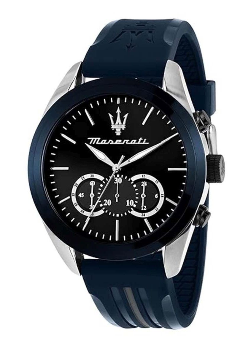Maserati Traguardo Chronograph Rubber Strap Black Sunray. A brand-new Maserati Traguardo watch featuring a Rubber strap. Angled view.