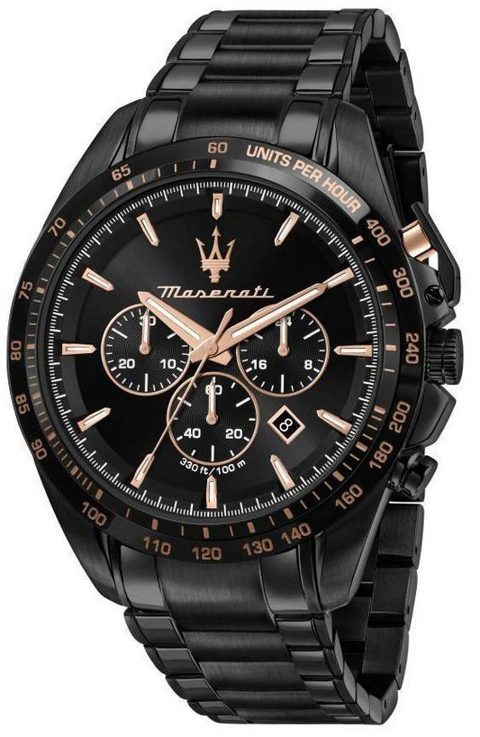 Maserati Traguardo Chronograph Stainless Steel Black Dial. A brand-new Maserati Traguardo watch featuring a Black dial and a Stainless steel strap. Angled view.