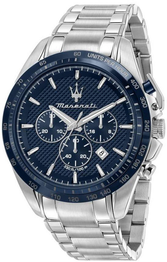 Maserati Traguardo Chronograph Stainless Steel Blue Dial. A brand-new Maserati Traguardo watch featuring a Blue dial and a Stainless steel strap. Angled view.
