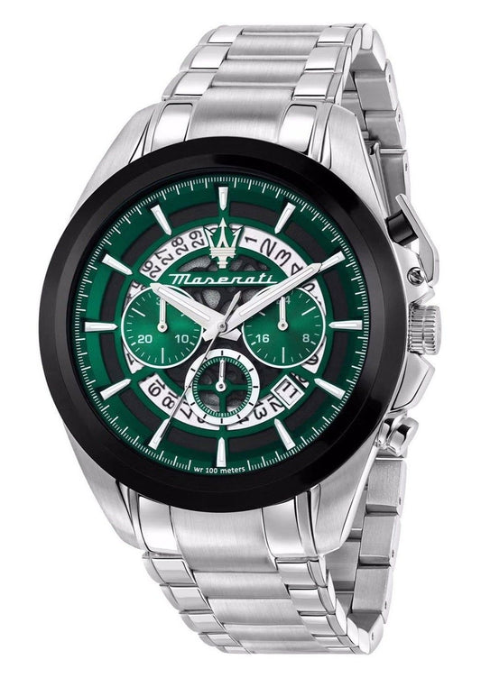 Maserati Traguardo Chronograph Stainless Steel Multicolor. A brand-new Maserati Traguardo watch featuring a Stainless steel strap. Angled view.