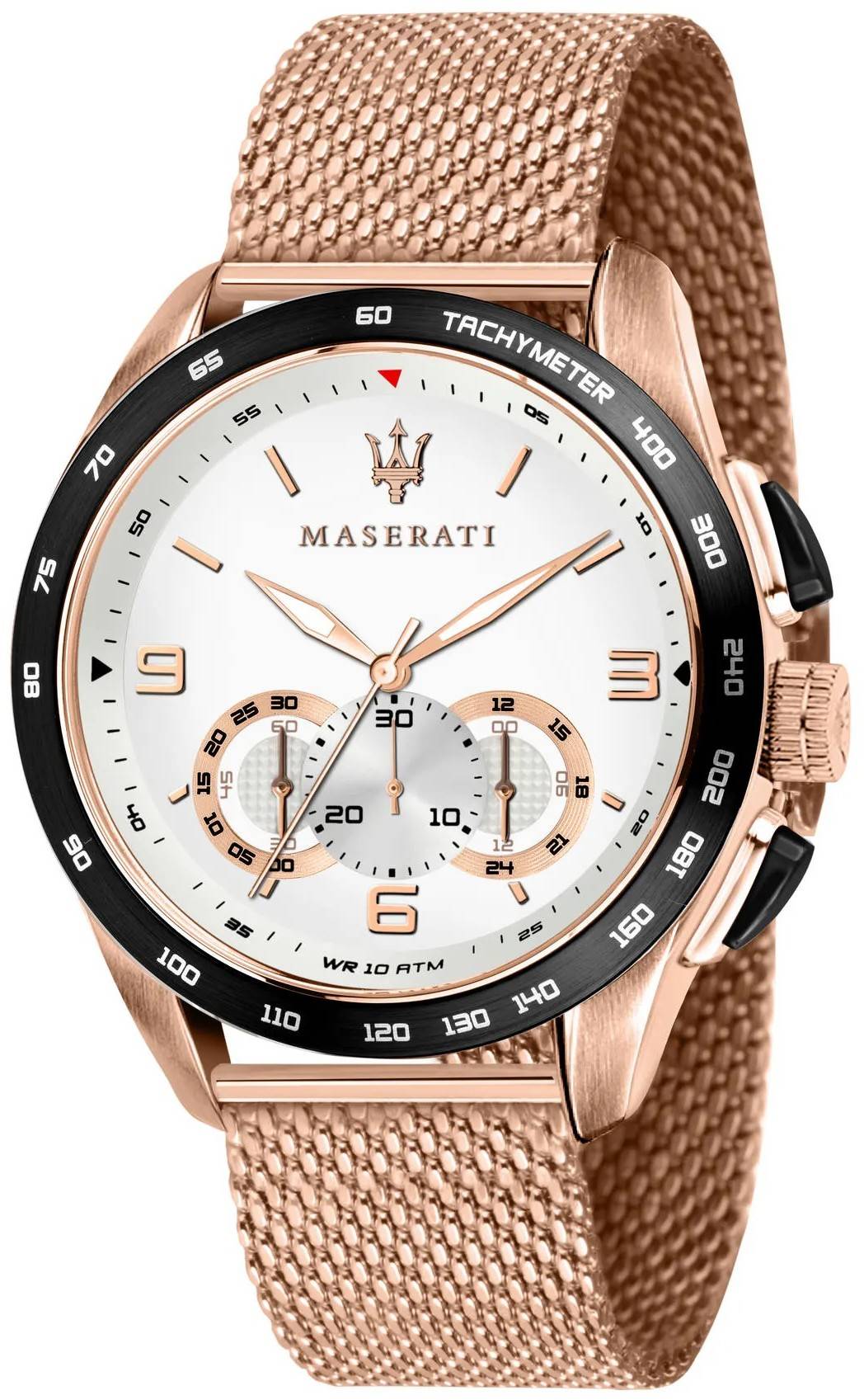 Maserati Traguardo Chronograph Tachymeter Quartz. A brand-new Maserati Traguardo watch featuring a Stainless steel strap. Front view.