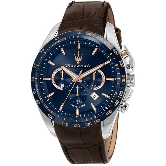 Maserati Traguardo Limited Edition Chronograph Blue Dial. A brand-new Maserati Traguardo watch featuring a Blue dial and a Leather strap. Front view.